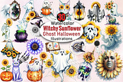 Witchy Sunflower Ghost Halloween Cli, an Illustration by SVGArt (Thumbnail 1 of 8)