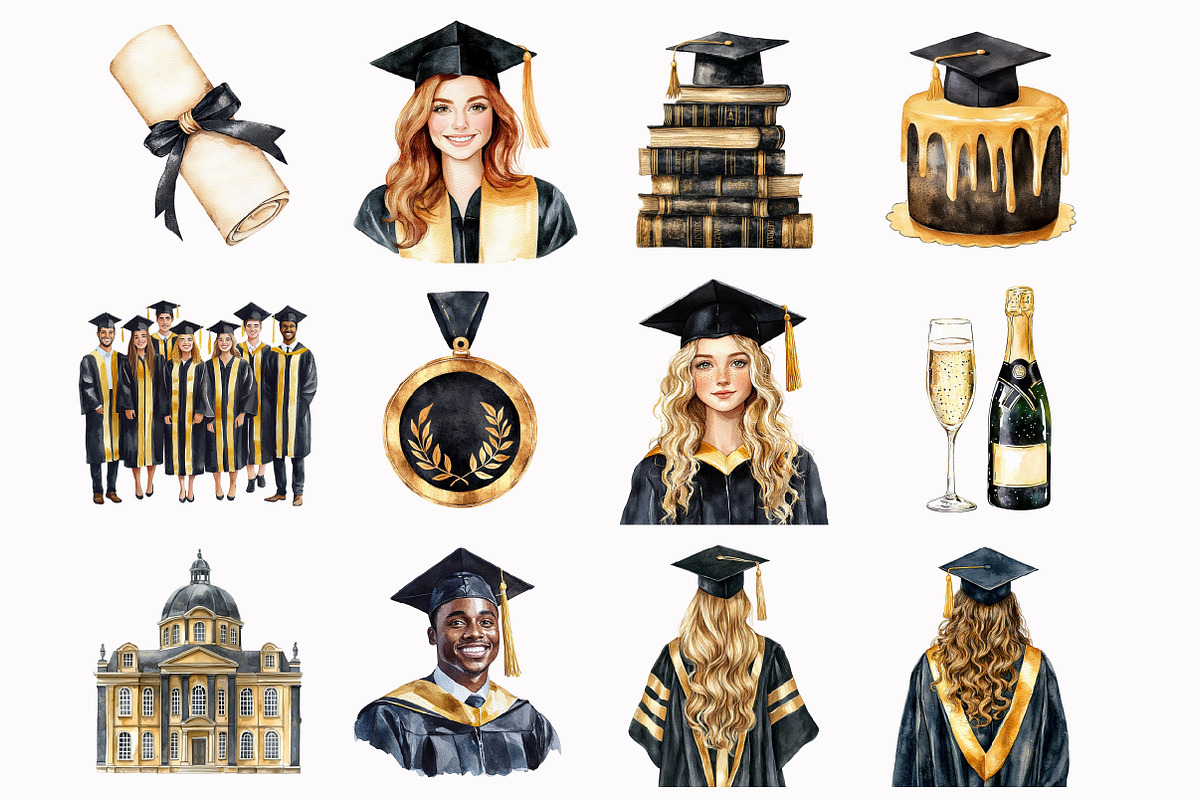 Watercolor Classic Graduation Clipar, an Illustration by Design Market (Photo 2 of 3)