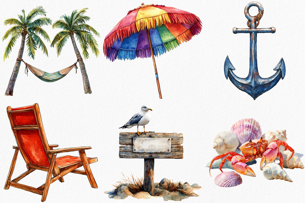 Watercolor Beach Landscape Clipart, an Illustration by Canvas Craft (Photo 3 of 7)