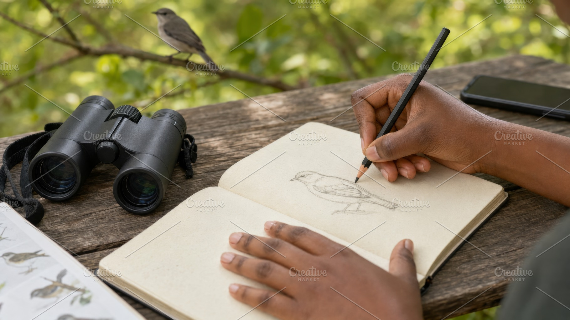 Birdwatching sketch in nature settin, a Photo by Dvoevnore photos