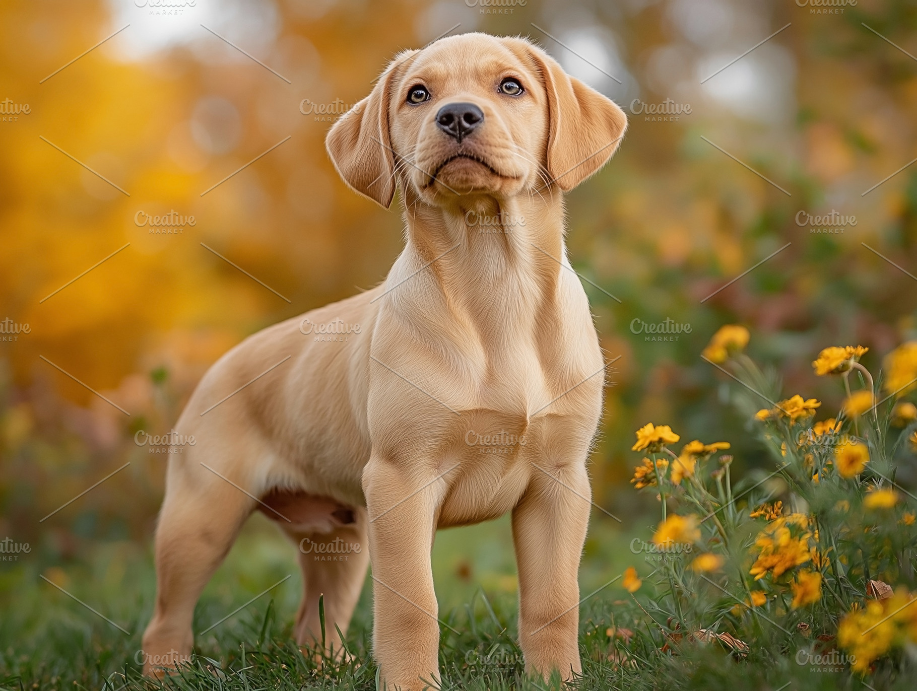 A proud golden Labrador puppy stands amidst vibrant flowers, showcasing its pla, an Animal Photo by ImageMir