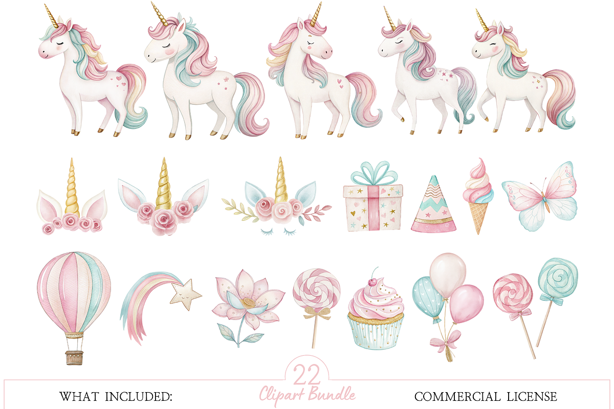 Sweet Unicorn Watercolor Clipart, an Illustration by MockupWizard (Photo 2 of 4)