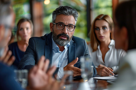 Portrait of business people standing as a team in modern office, a Business Photo by AlyaAnd