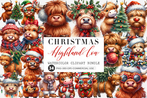 Christmas Highland Cow Clipart, an Illustration by SinaCreation