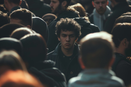 Young Man Peering Through Crowd with Curly Hair, an Abstract Photo by Natalia Klenova's Shop
