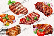 Watercolor BBQ meat & burger Clipart, a Food Illustration by TanuschArts (Thumbnail 2 of 3)