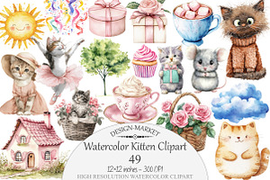 Watercolor Kitten Clipart, a Seasonal Illustration by Design Market