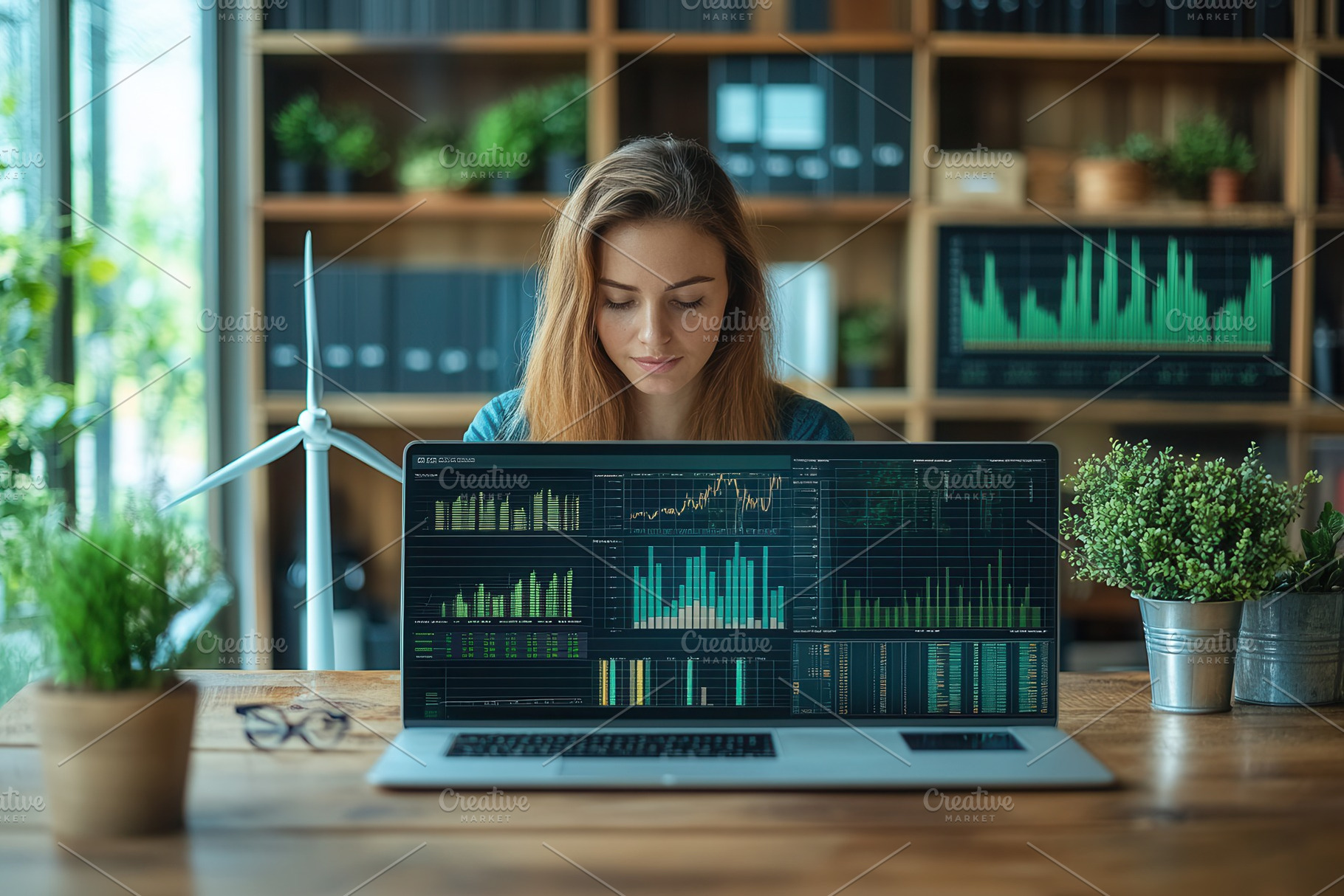 Young woman analyzing data on a lapt, a Photo by Tanuart