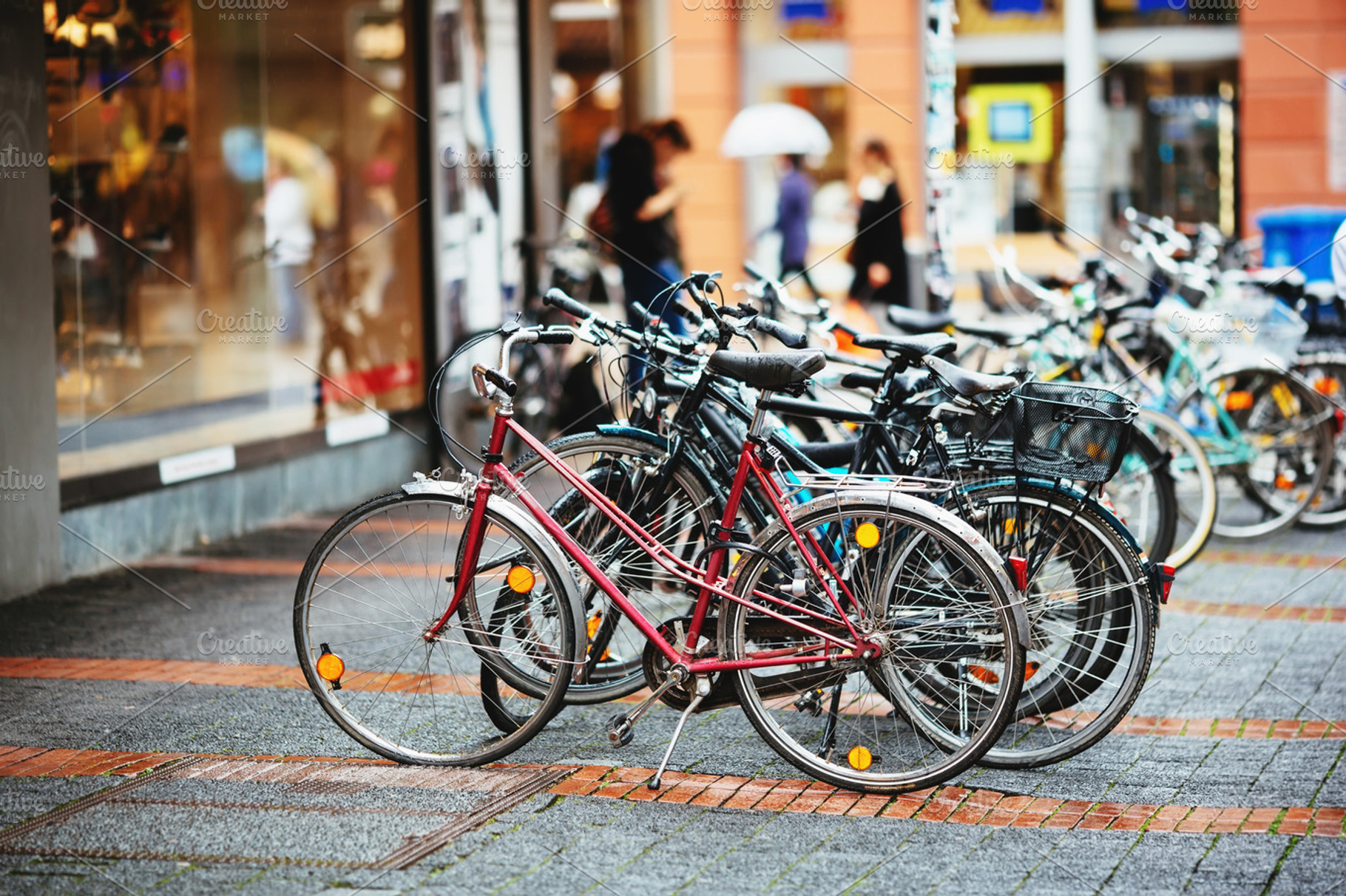 Parked Bicycles On Sidewalk., a Transportation Photo by odpium