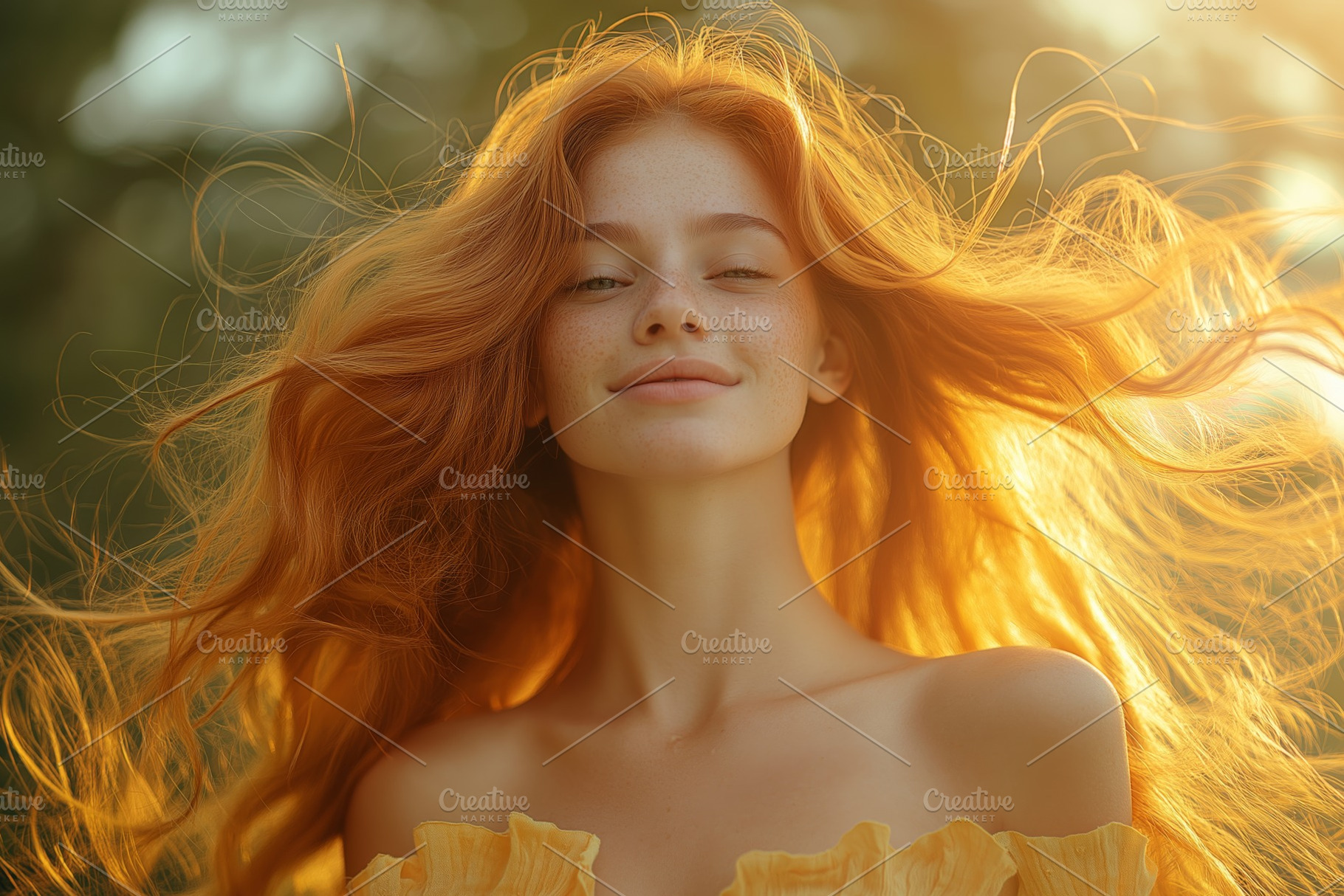 A young Caucasian woman with flowing red hair smiles warmly, illuminated by gol, a Person Photo by ImageMir