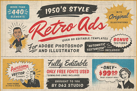 1950s Retro Style Ad Templates, a Templates & Theme by DISTRICT 62 STUDIO