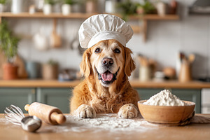 Golden retriever wearing chef hat happily preparing to bake in a cozy kitchen, an Animal Photo by AlyaAnd