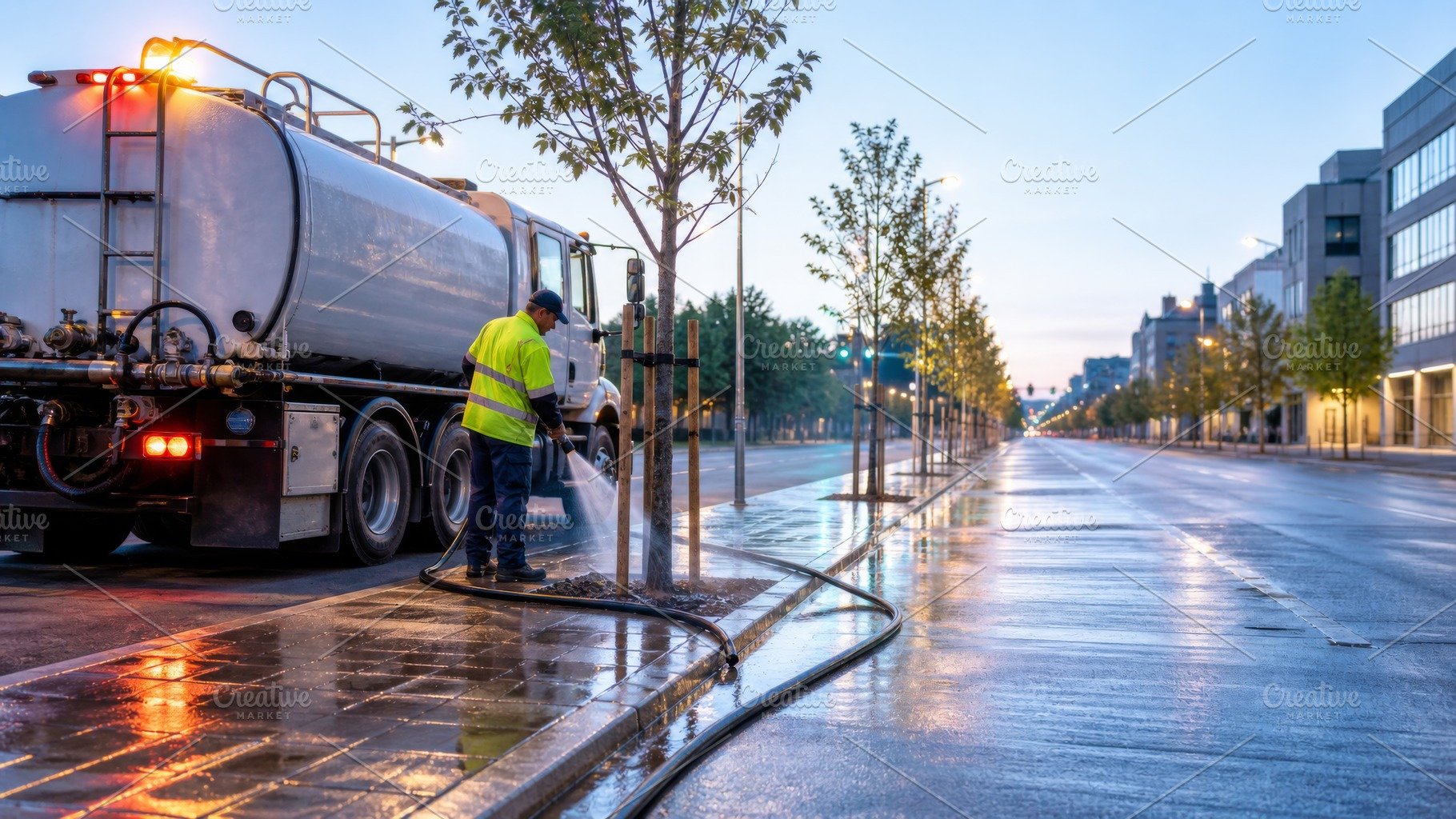 Urban irrigation truck watering tree, a Photo by Dvoevnore photos