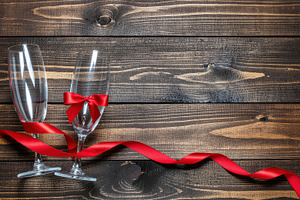 Champagne Glasses with Red Ribbon on Wooden Table, a Food & Drink Photo by Davizro's Market