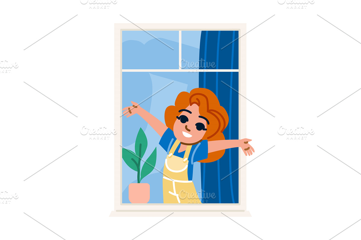 Happy housewife leaning out of, an Illustration by pikepicture