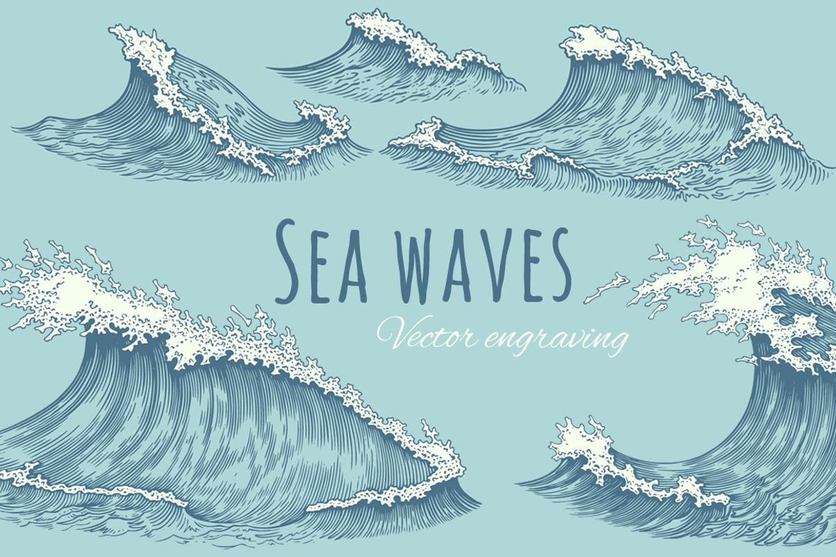 Set Sea waves. Vector engraving., a Decorative Illustration by Vector Engraving (Photo 1 of 2)
