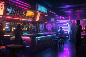 A vibrant, futuristic bar scene with neon lights, featuring patrons enjoying dr, an Arts & Entertainment Photo by Textures & Backgrounds