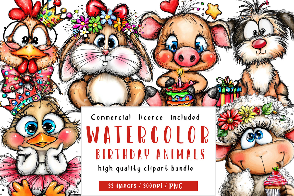 Whimsical birthday animals clipart, an Illustration by CreationArt (Photo 1 of 5)