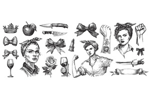 Feminism engraving set. Woman power, an Object Illustration by Stock-Smart-Start