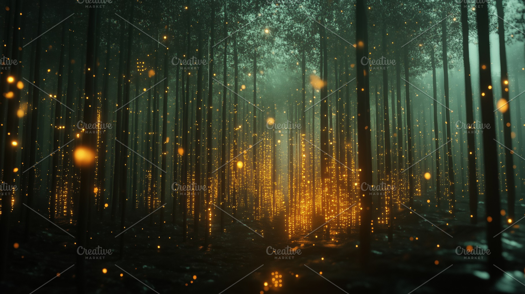 A mystical forest scene with tall trees shrouded in mist. Glowing golden orbs o, a Photo by Textures & Backgrounds