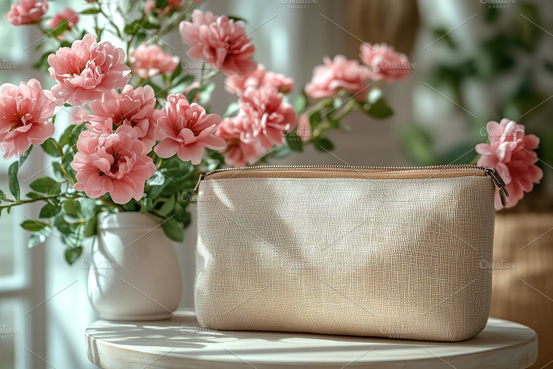 Modern cosmetic bag and spring flowers on small round table, a Beauty & Fashion Photo by AlyaAnd