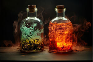 Enchanted bottles with colored smoke, a Background Photo by Ylivdesign