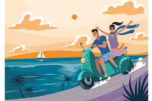 Man and woman on motorbike. Flat, a Transportation Illustration by the8monkey