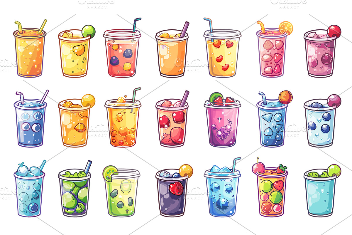 Cartoon Summer Coolers. Icons Set in, a Food Illustration by LadadikArt