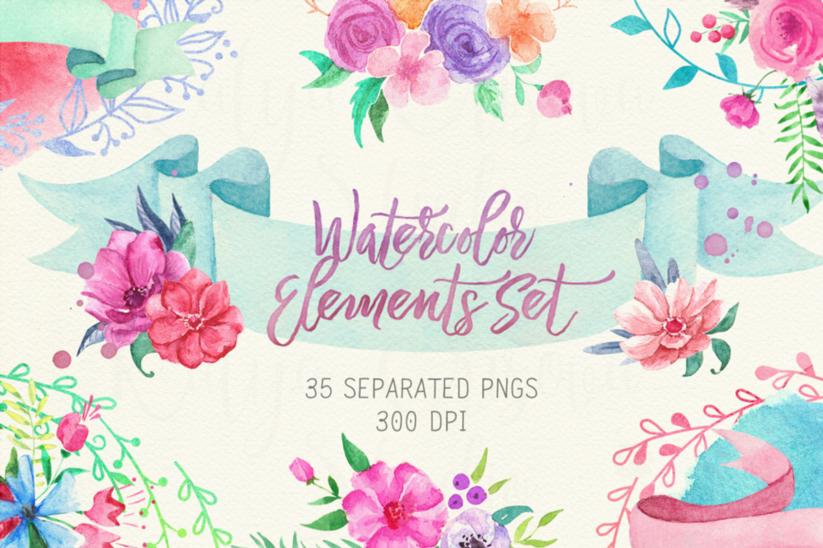 Watercolor Floral Element Set, a Texture Illustration by SOVA (Photo 1 of 4)