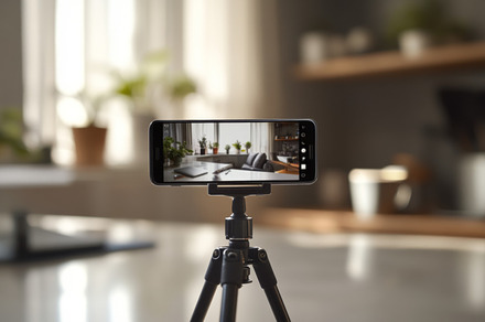 Smartphone on Tripod Capturing Indoor Green Plants in Natural Li