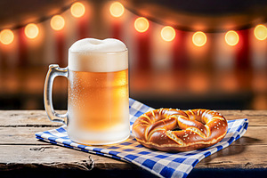 Frosty beer mug and pretzel, a Photo by rarrarorro