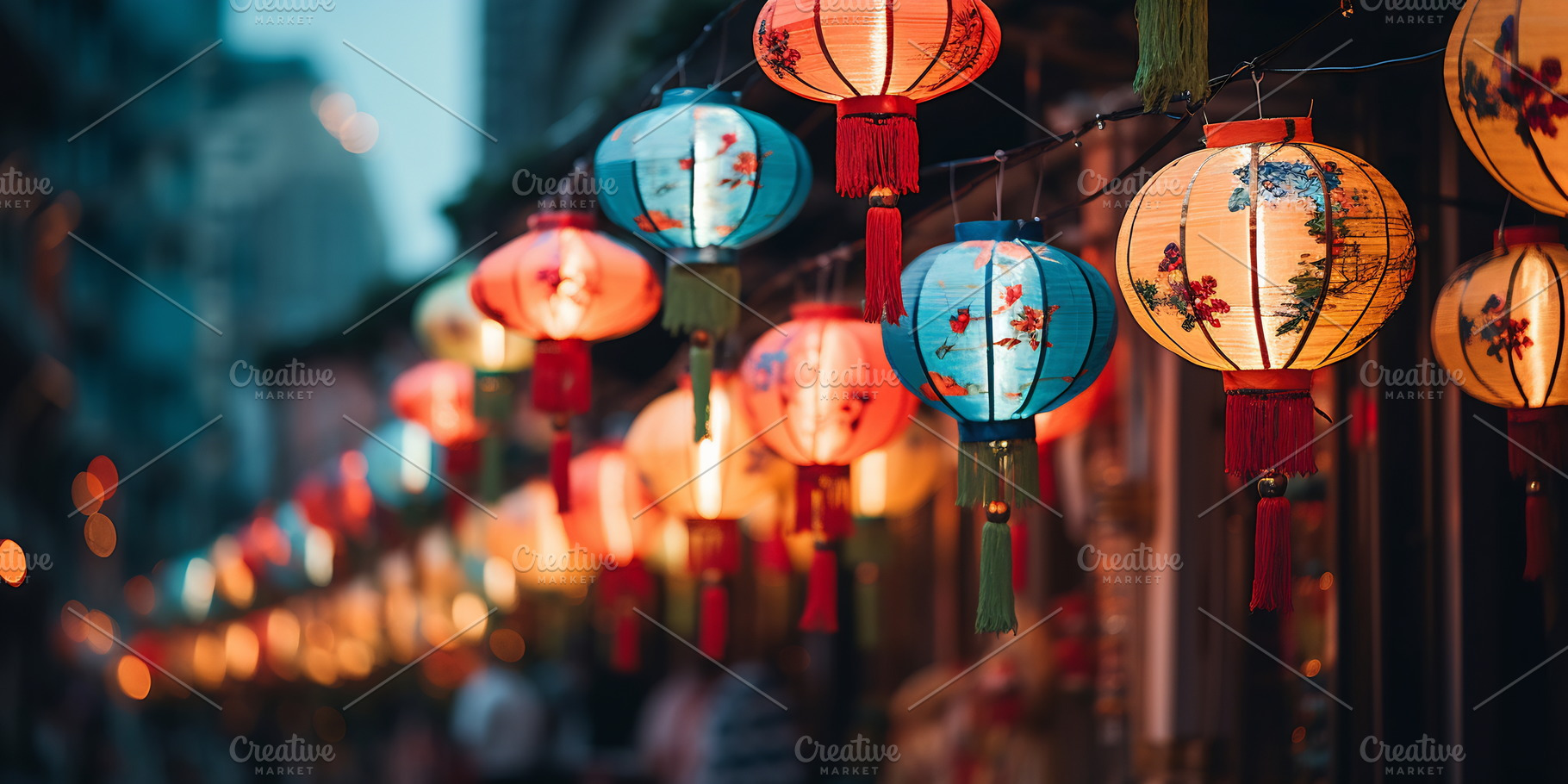 Dusk lit by colorful lanterns, a Photo by Beautiful things