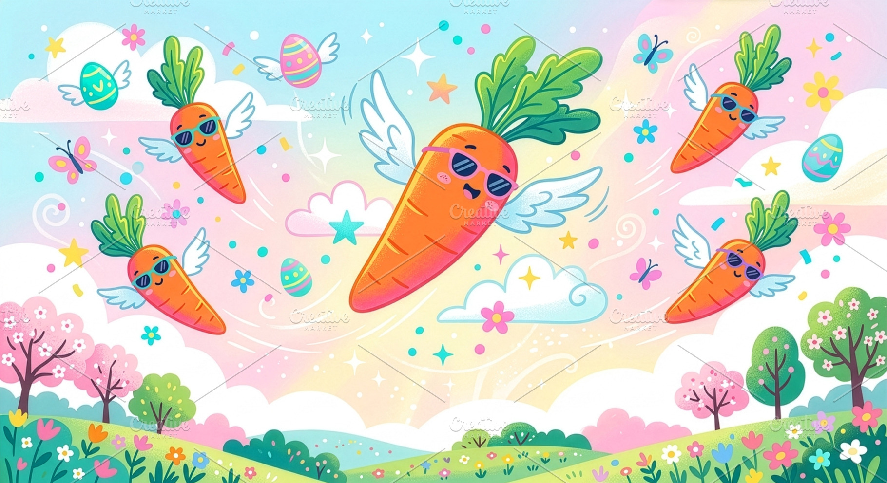 Whimsical flying carrots with wings, a Holiday Photo by Imaginarium