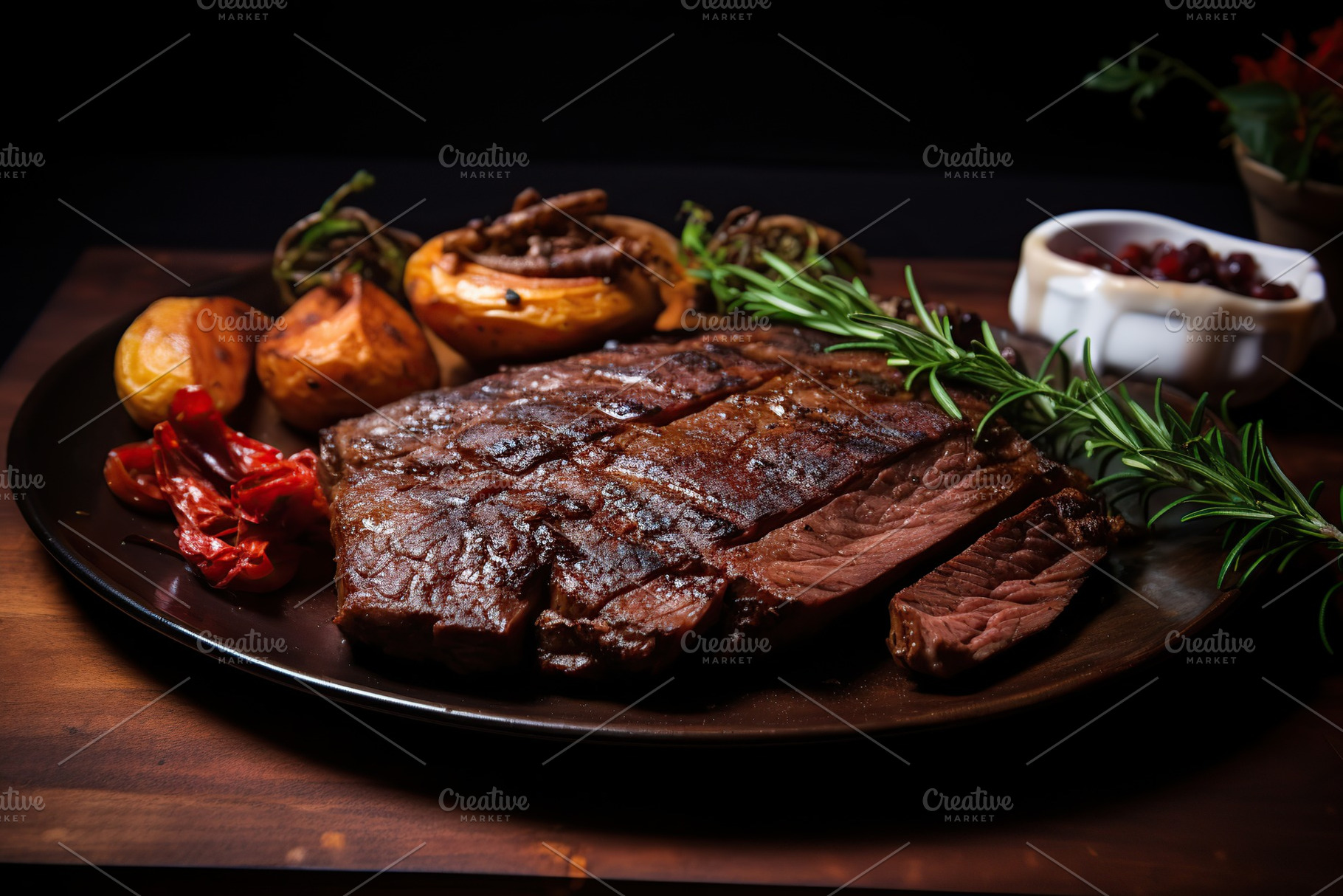 BBQ meat with vegetables on wooden table, a Food & Drink Photo by AlyaAnd