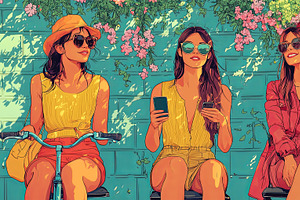 Young women enjoying leisure time outdoors with bright vibrant surroundings and, an Illustration by AS photostudio