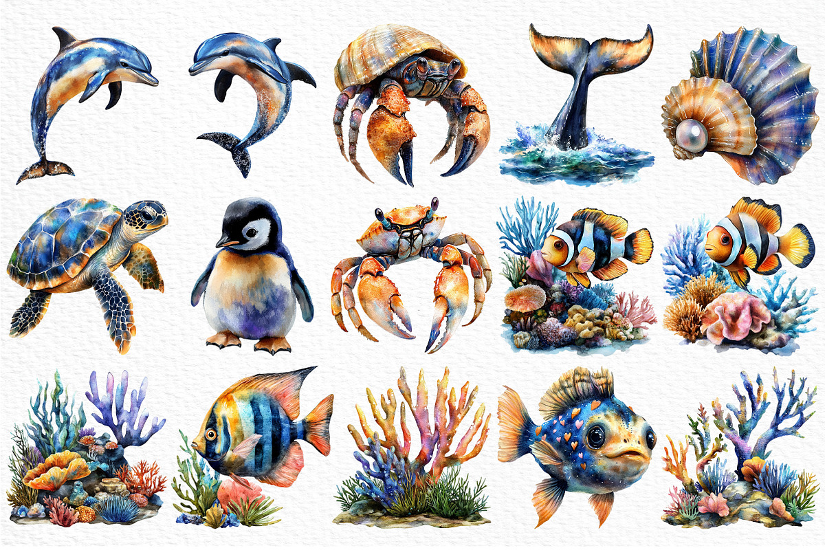Watercolor Sea Animals Clipart, an Illustration by Craft Nest (Photo 12 of 12)