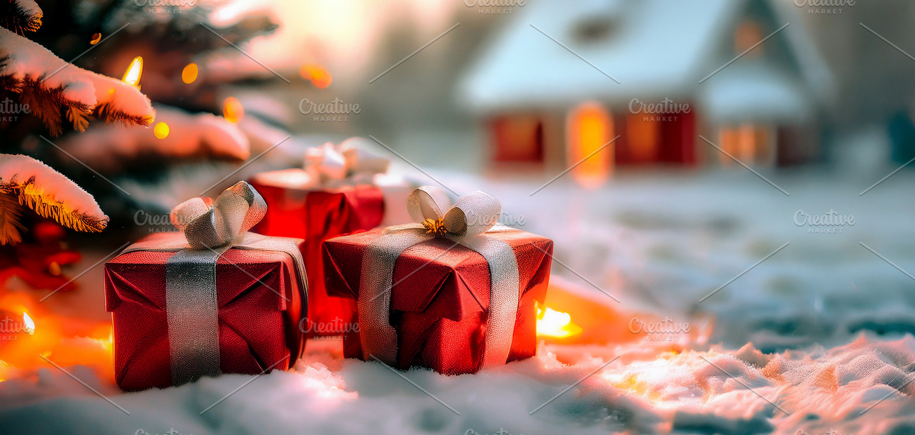 Detail of gifts on snow next to pine at dawn, a Holiday Photo by Davizro's Market