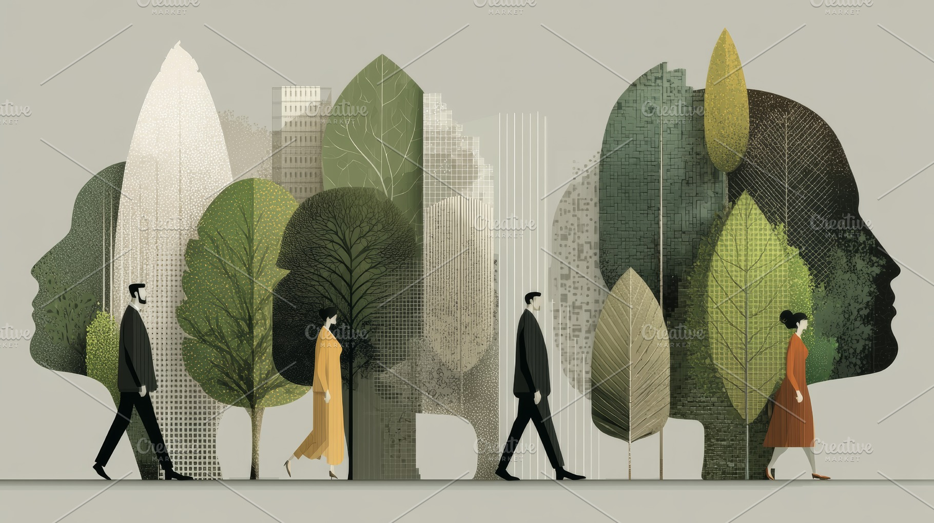 Business people and ecology concept with urban trees and green silhouettes repr, a Photo by AS photostudio