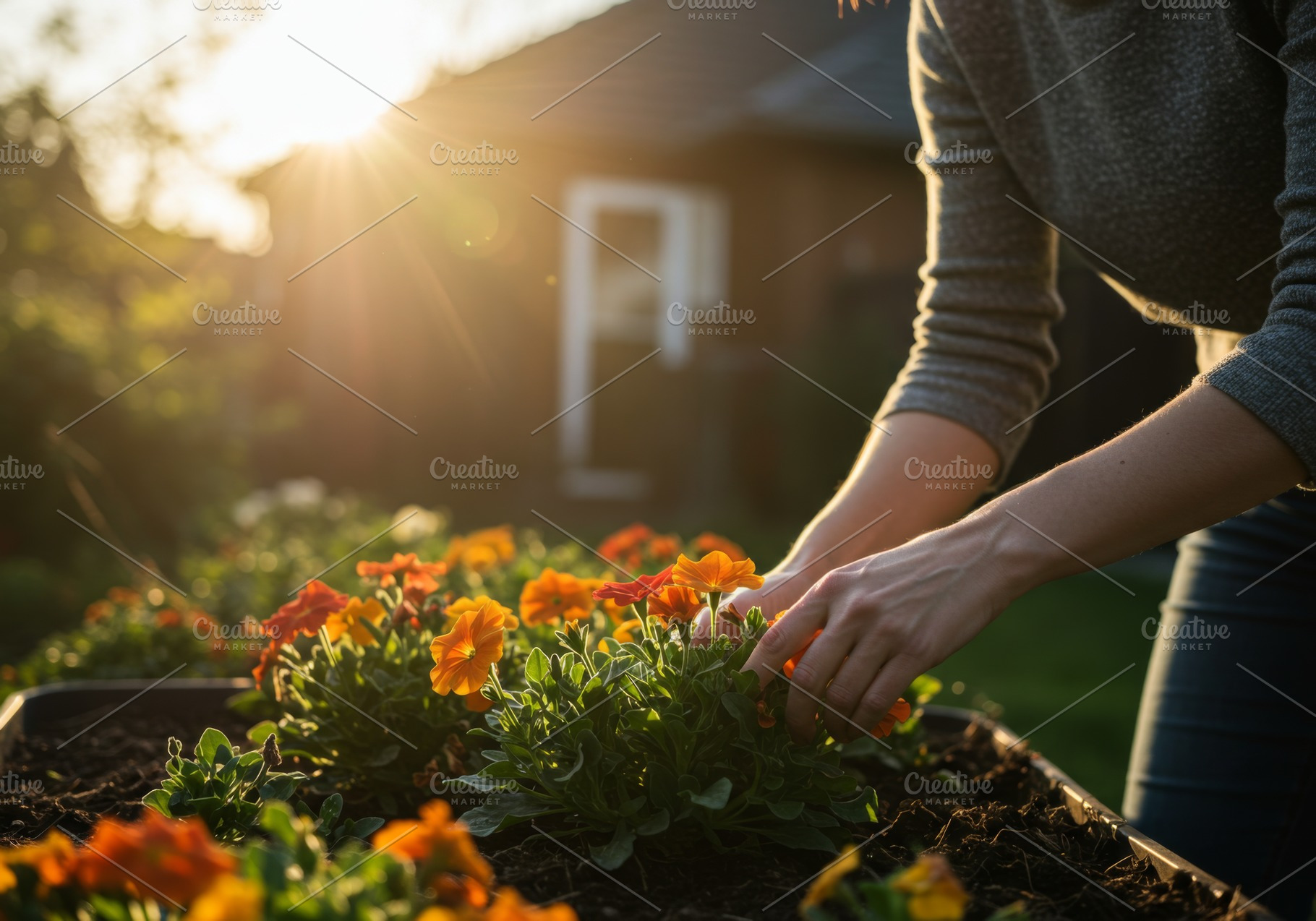 Woman tending vibrant flowers, a Photo by professorinc