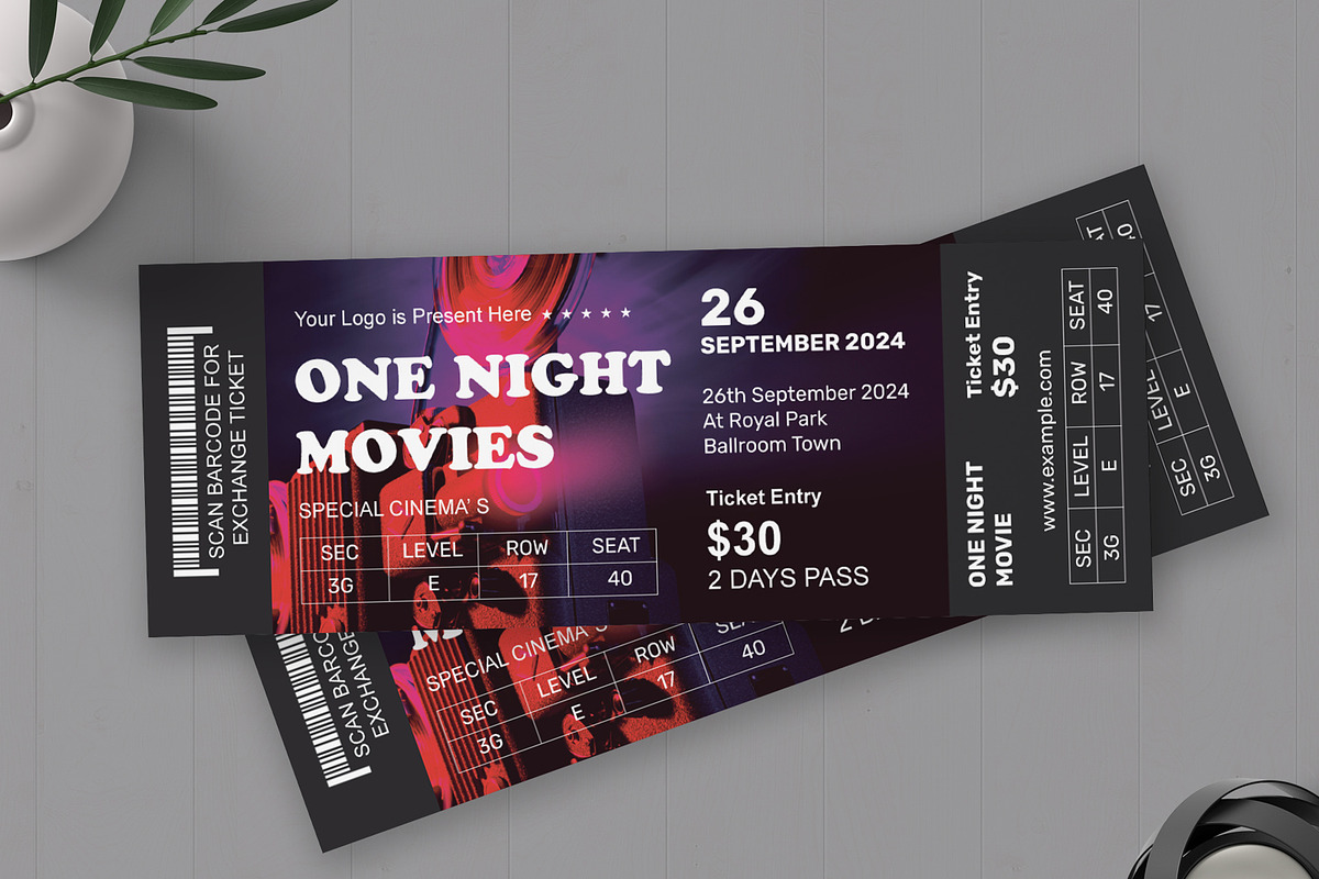 Night Movies Event Ticket, a Stationery Template by MightyDesign (Photo 1 of 6)