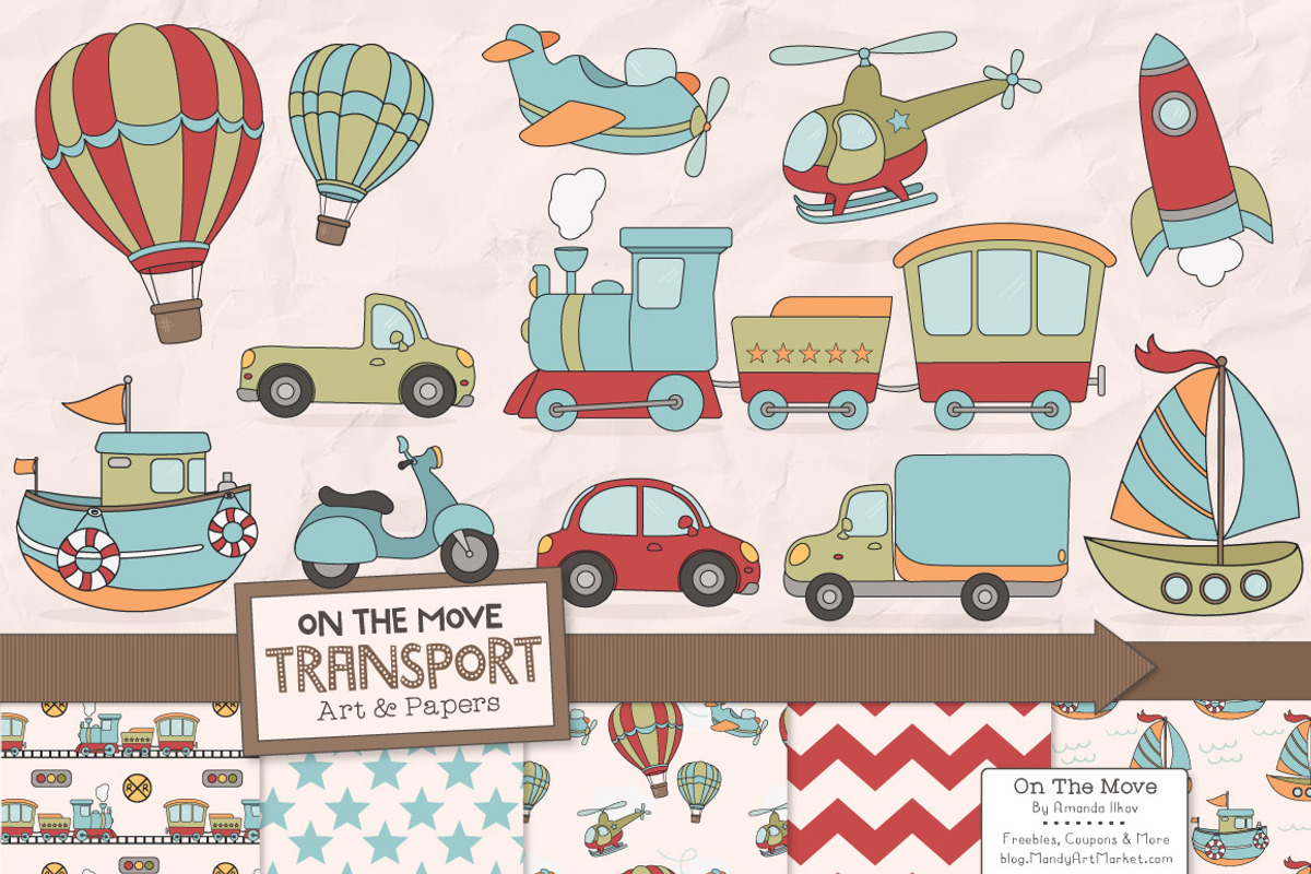 Transportation Clipart & Patterns, a Transportation Illustration by Amanda Ilkov (Photo 1 of 3)