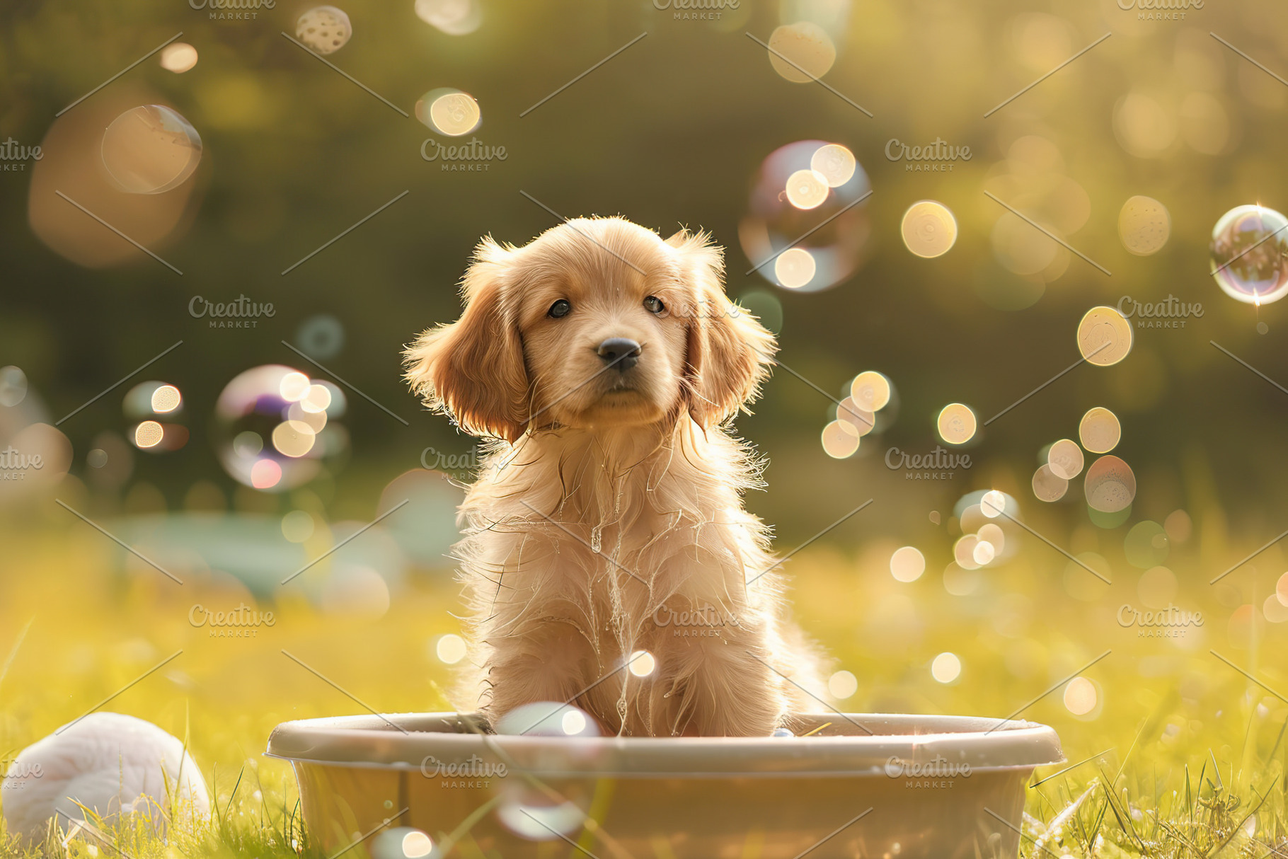 Cute puppy taking a bath in the basin with soap bubbles on blurr, an Animal Photo by AlyaAnd