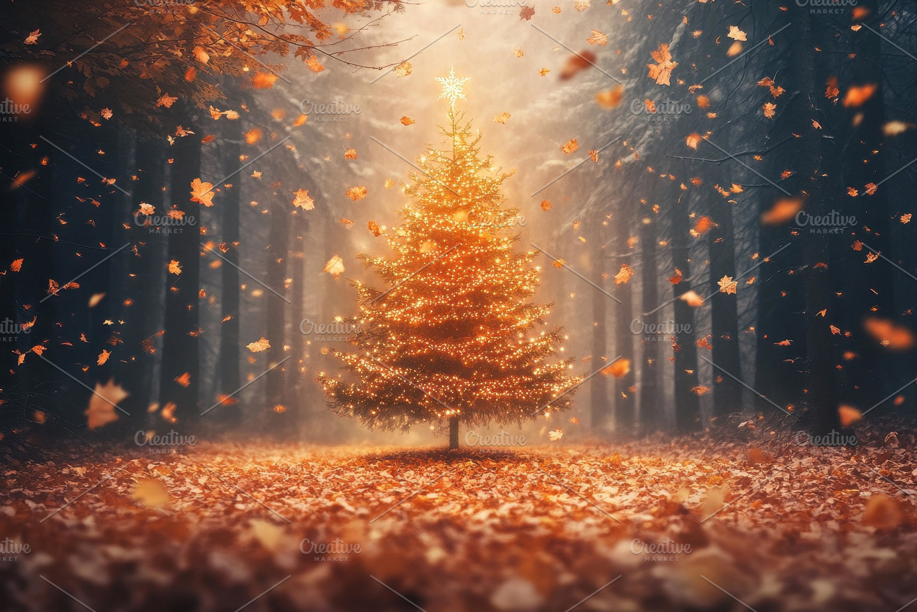 Enchanted autumn forest with a glowi, a Photo by Tanuart