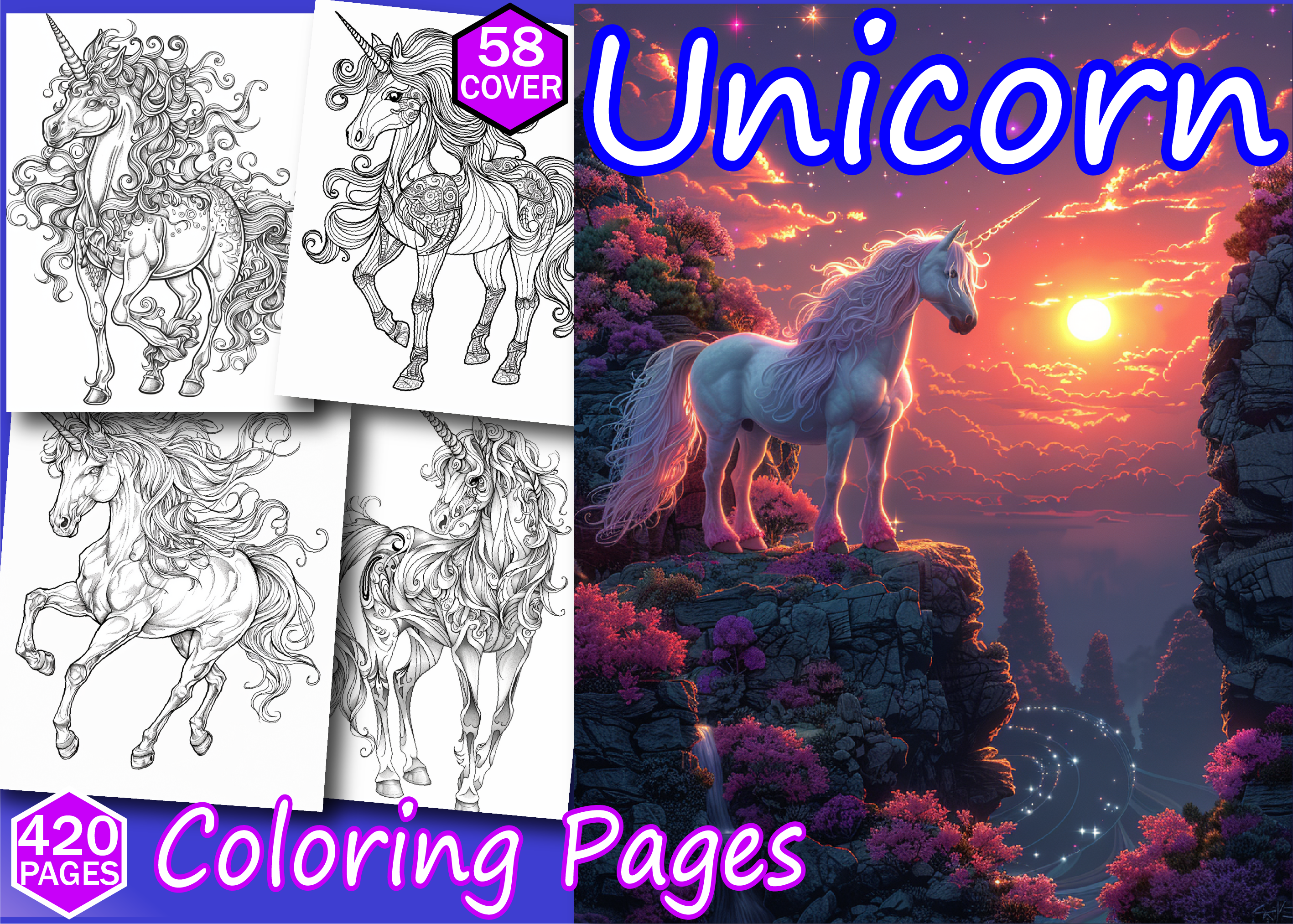 Unicorn Coloring Pages for Adults, an Education Illustration by Design Zone