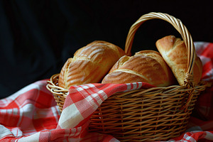 Fresh baked bread in basket on black background, a Food & Drink Photo by AlyaAnd