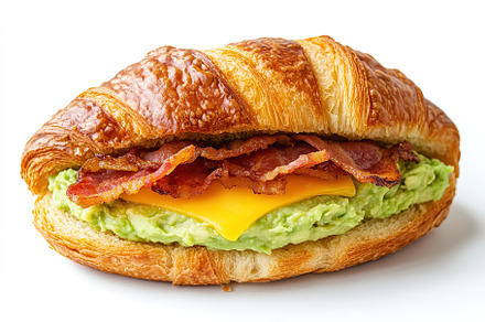 Croissant sandwich with meat, cheese and vegetables on white background, a Food & Drink Photo by AlyaAnd