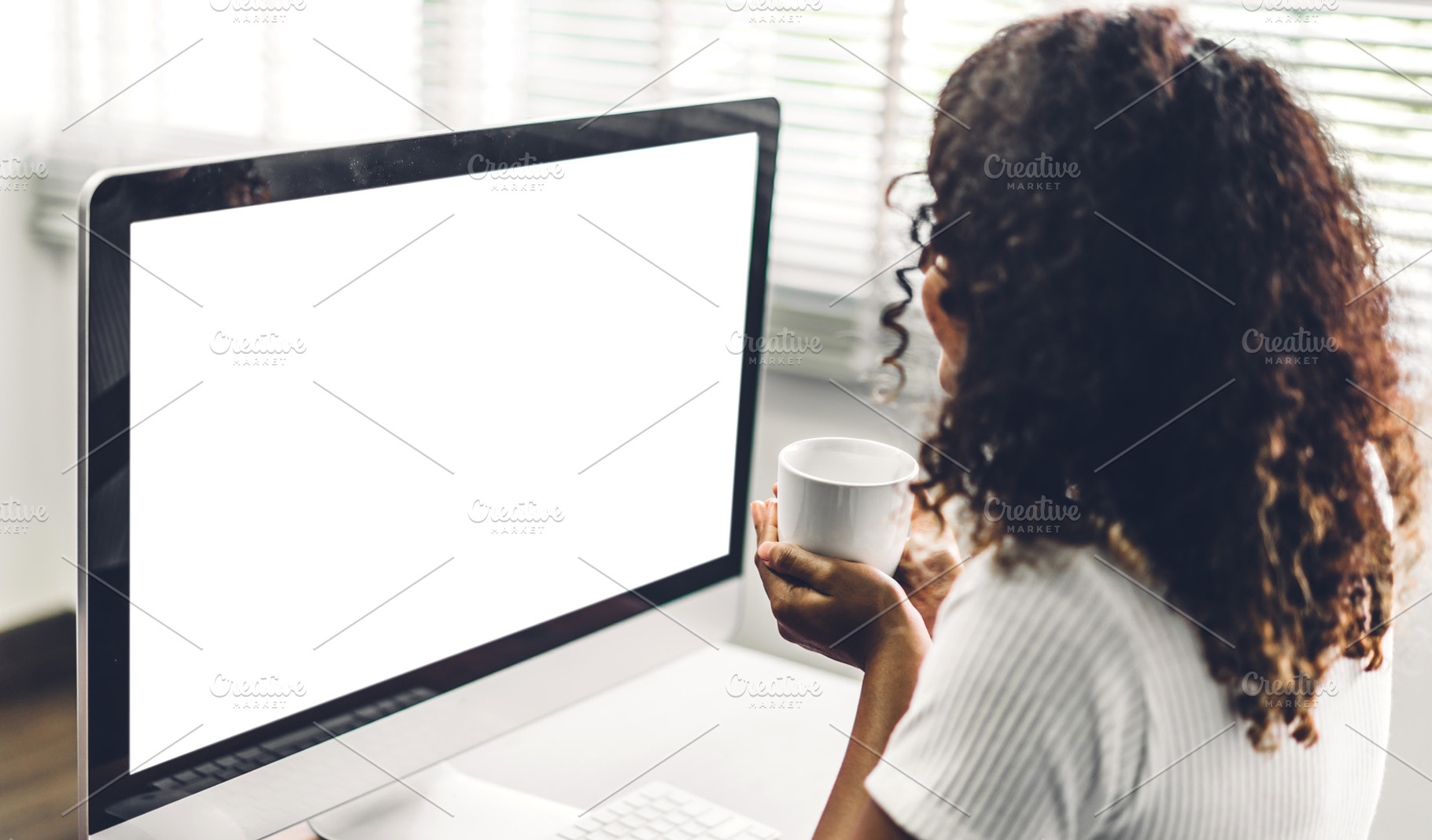 African american black woman using computer with white mockup bl, a Person Photo by Art_Photo