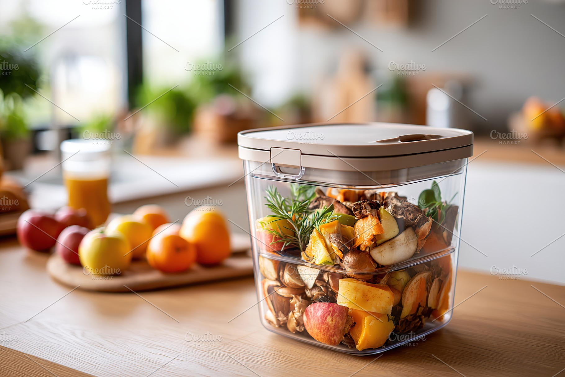 Compost bin filled with kitchen scraps placed on a modern kitchen countertop, a Food & Drink Photo by AlyaAnd