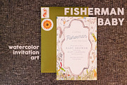 Fisherman Baby Watercolor Invitation, an Invitation Template by Small Creative (Thumbnail 1 of 2)
