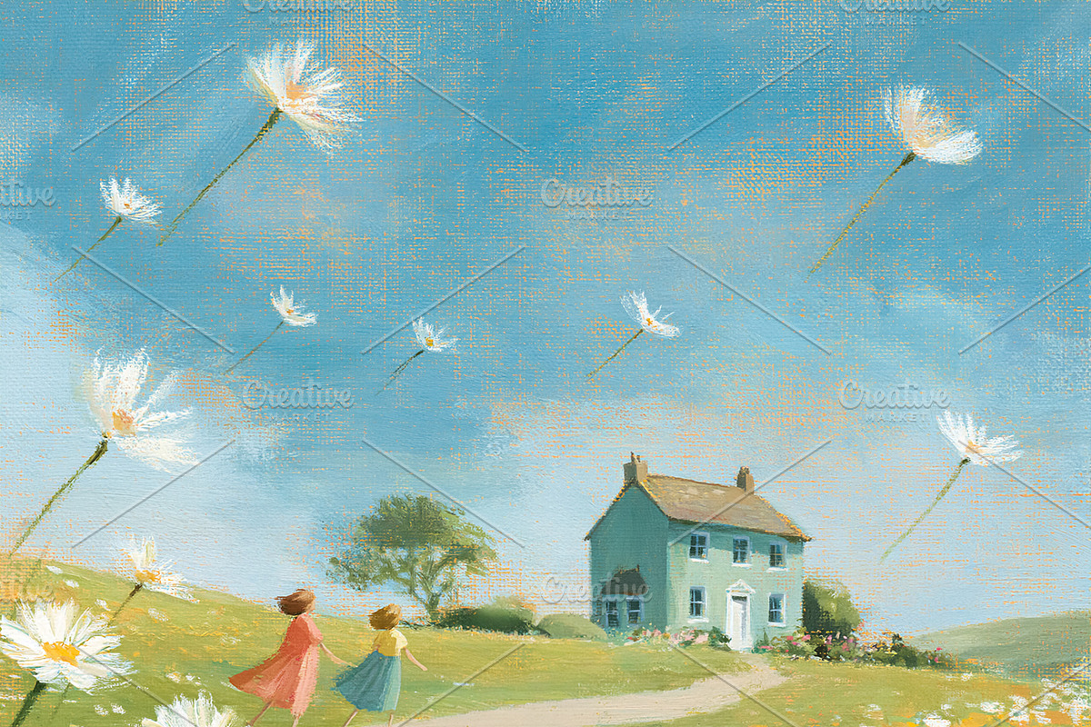 Girls walking on a country path through a field of wildflowers w, a Decorative Illustration by Studio ANNA